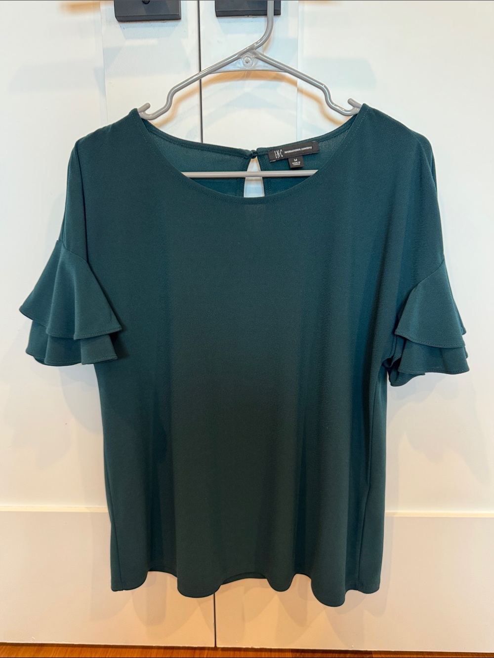 INC International Concepts Dark Teal Ruffle Sleeve Women’s Blouse Size Medium